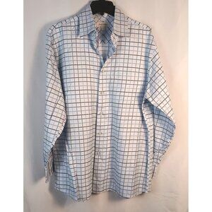 John W Nordstrom Men’s Blue Check Dress Shirt L 100% Cotton Italian Excellent